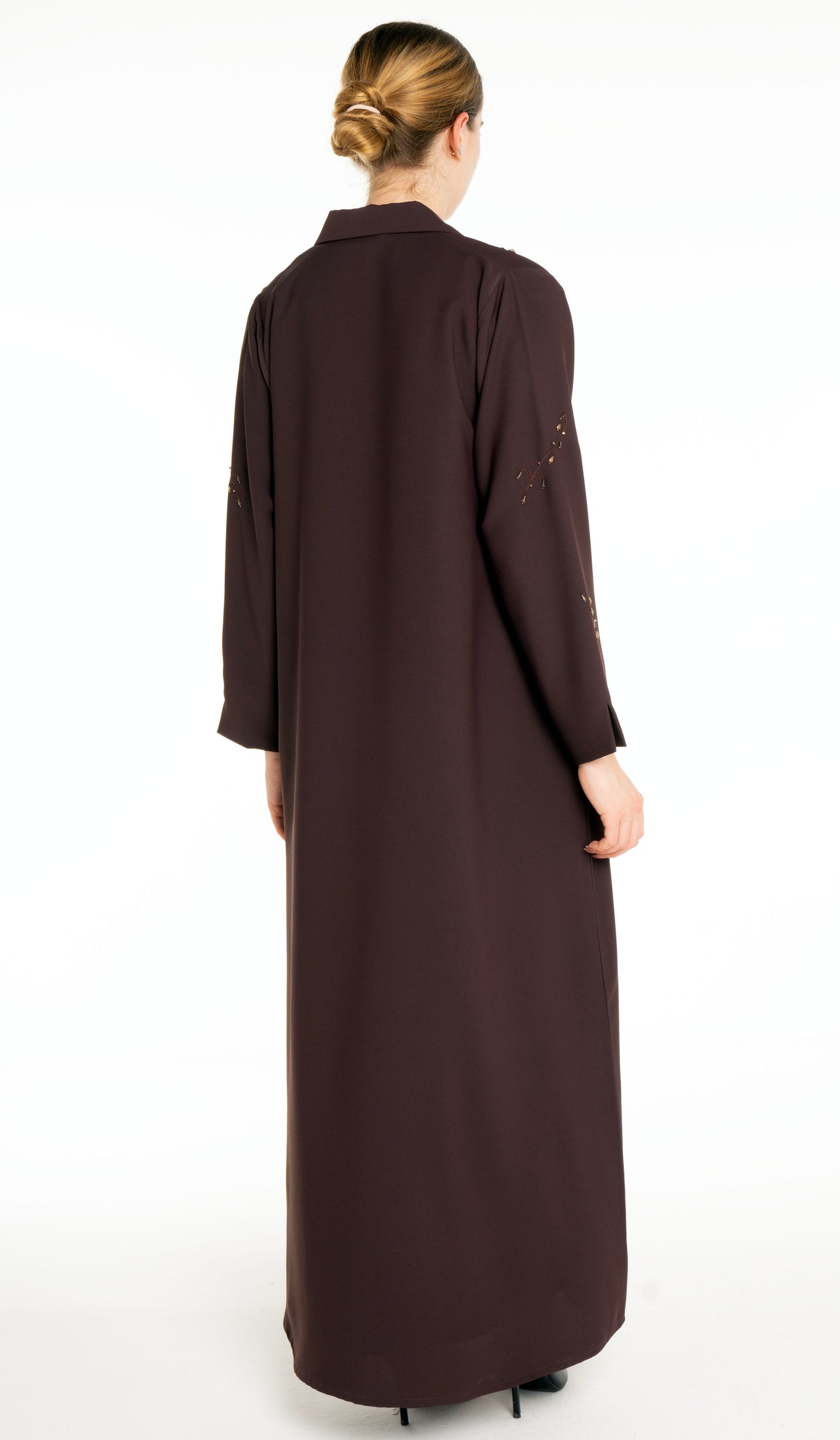 Stylish Collared Abaya With Bead Work Detailing