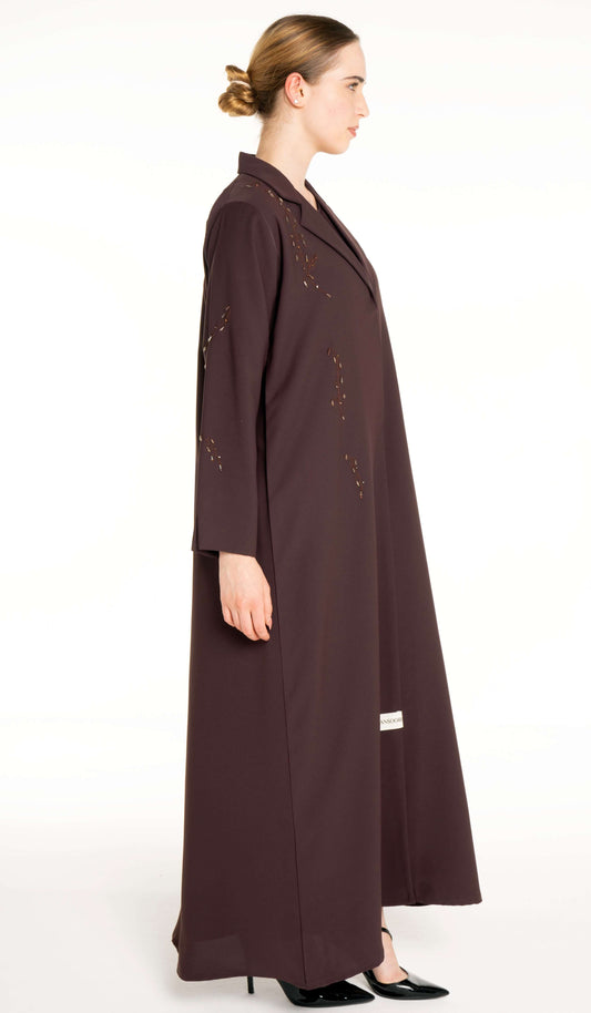 Stylish Collared Brown Abaya With Bead Work Detailing