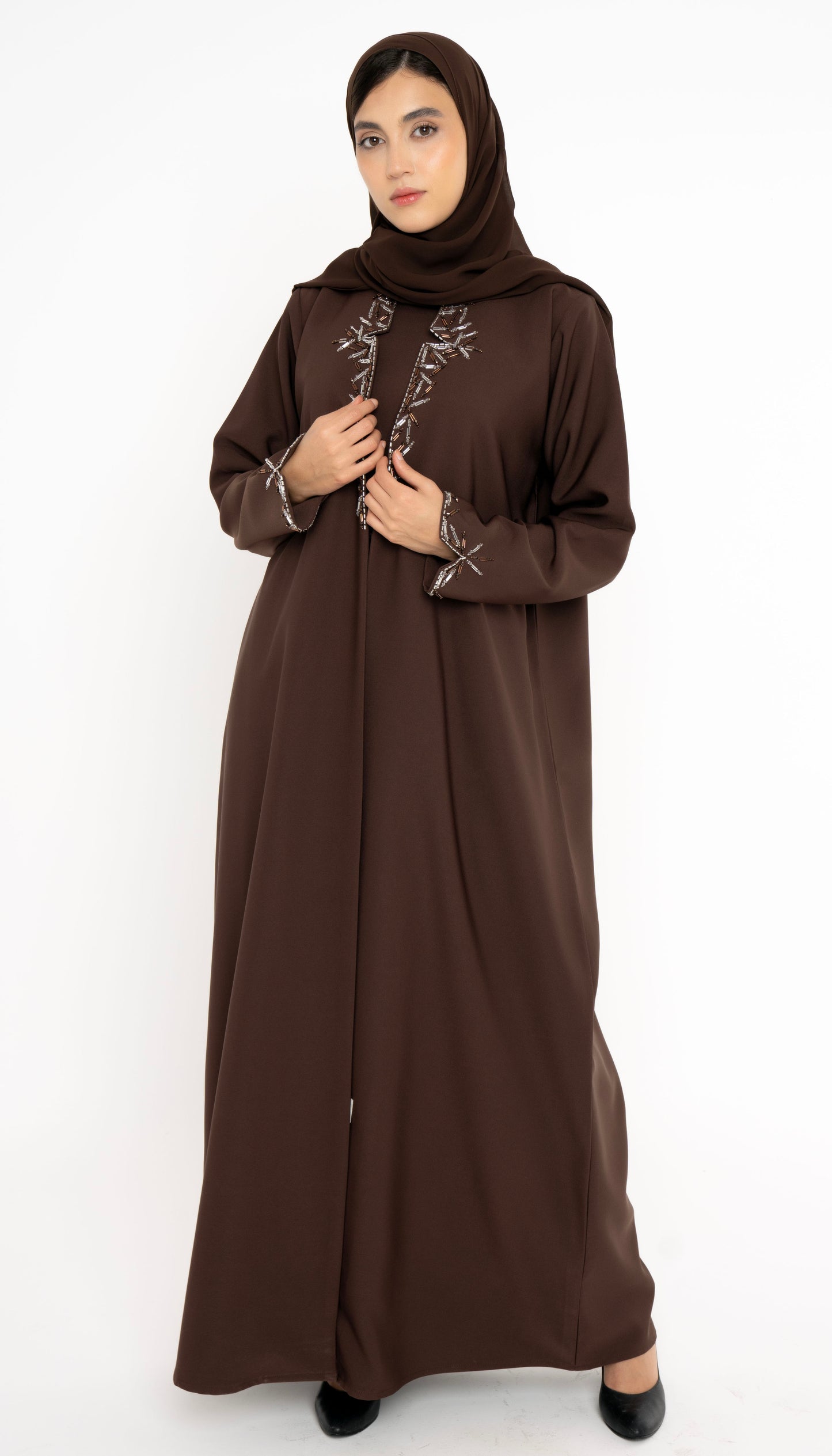 Dark Brown Collared Style Abaya with Embellishments on Front and Sleeves
