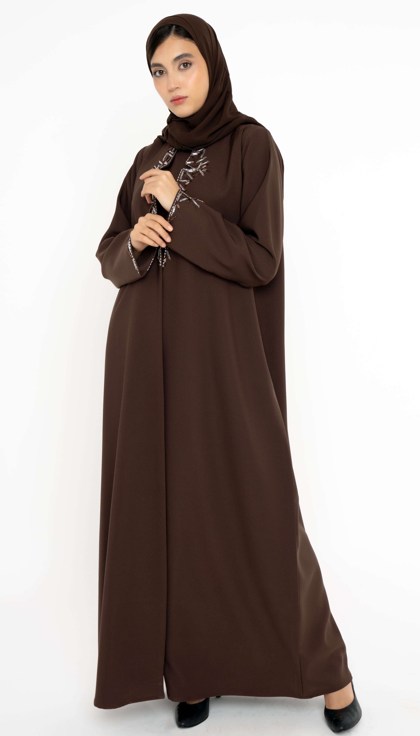 Dark Brown Collared Style Abaya with Embellishments on Front and Sleeves