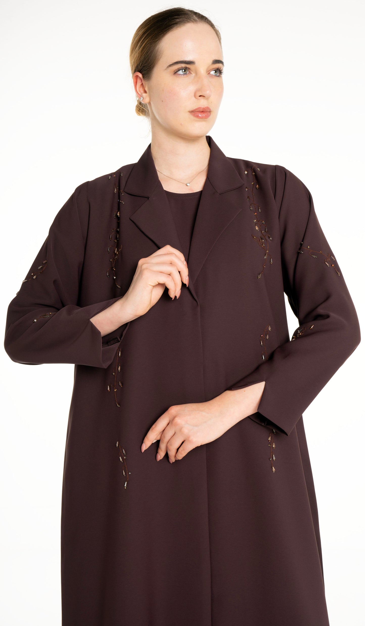 Stylish Collared Abaya With Bead Work Detailing