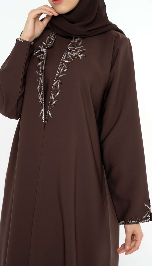 Dark Brown Collared Style Abaya with Embellishments on Front and Sleeves