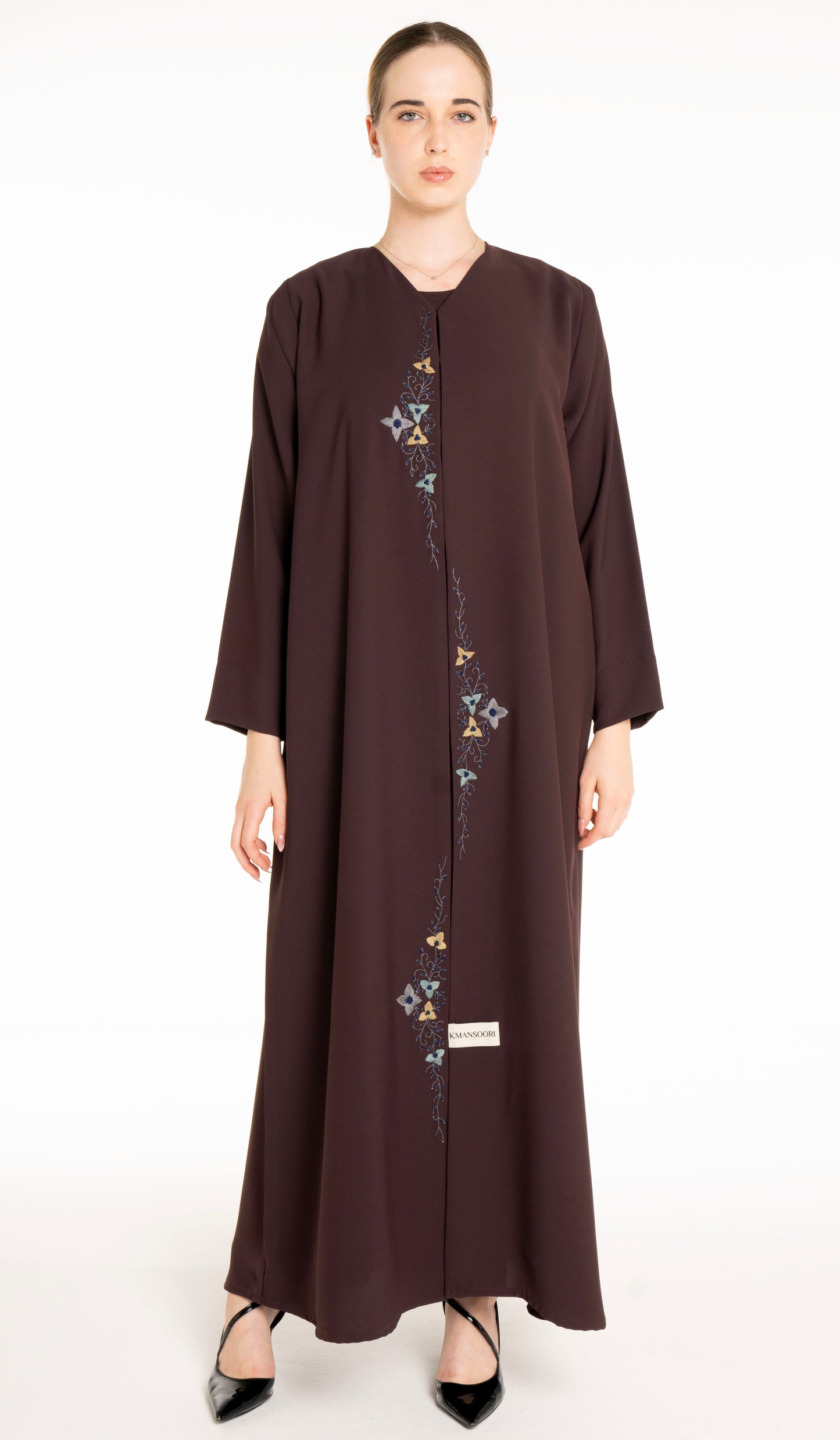 Abaya With Floral Thread & Bead Embroidery On Front Line