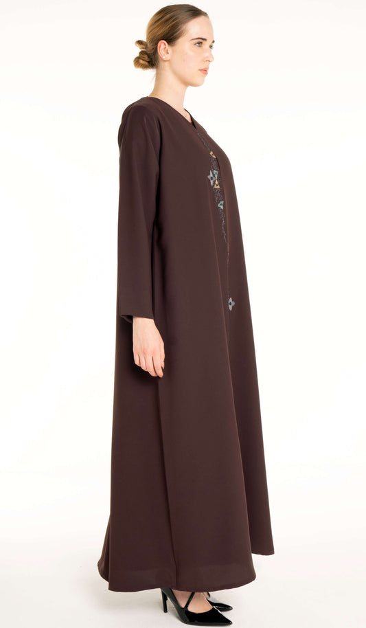 Brown Abaya With Floral Thread & Bead Embroidery On Front Line