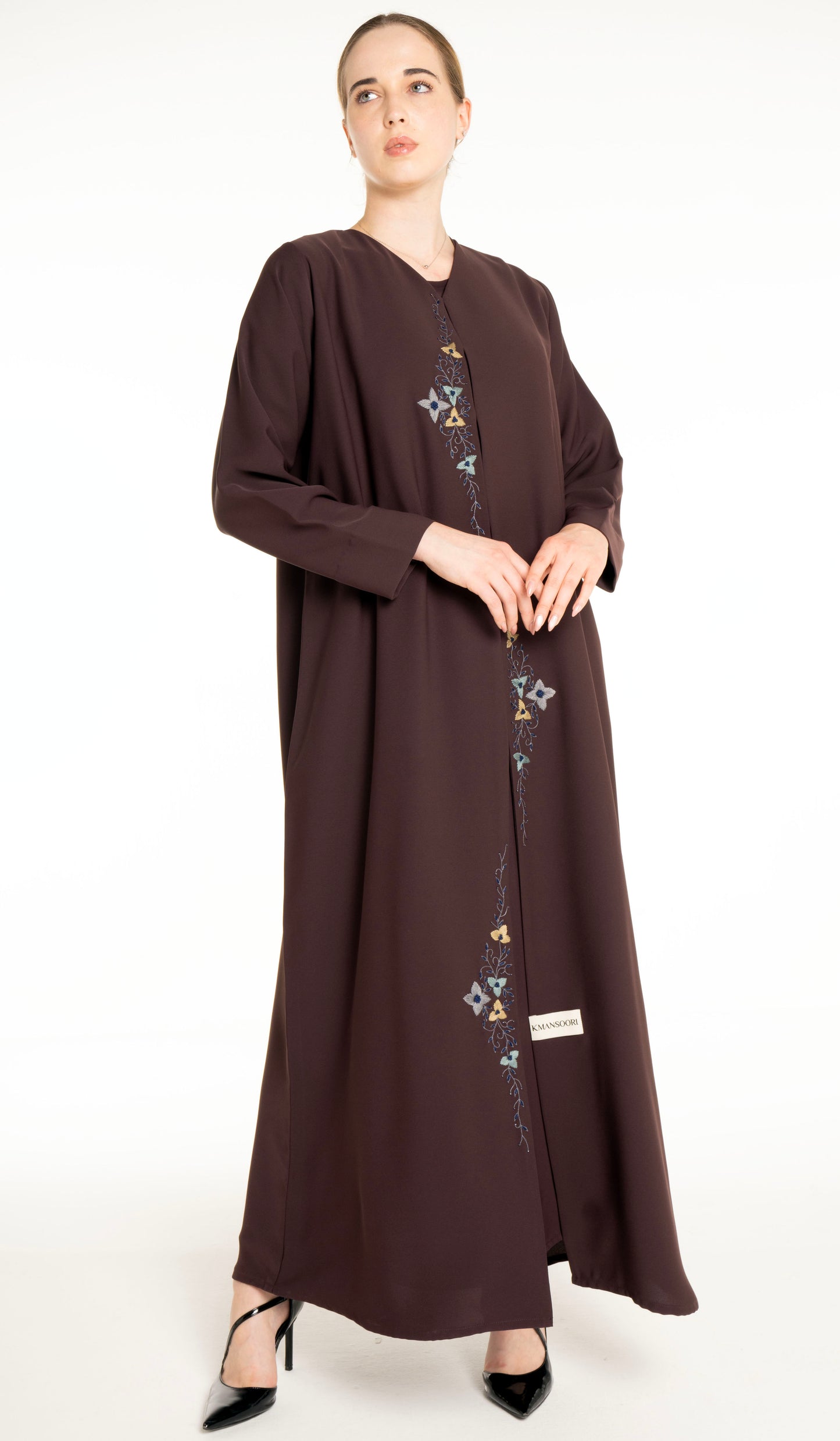 Abaya With Floral Thread & Bead Embroidery On Front Line