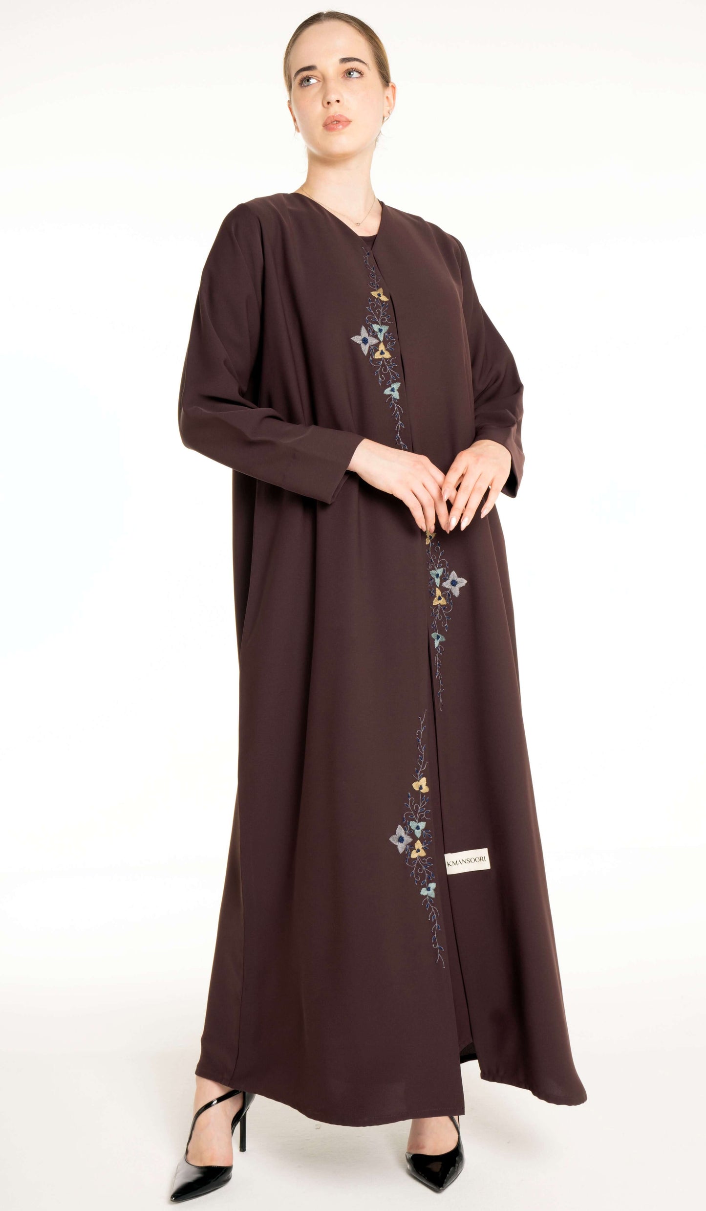 Brown Abaya With Floral Thread & Bead Embroidery On Front Line