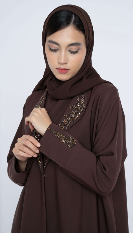 Brown Collar Abaya With Handwork Detailing On Sleeves And Collar