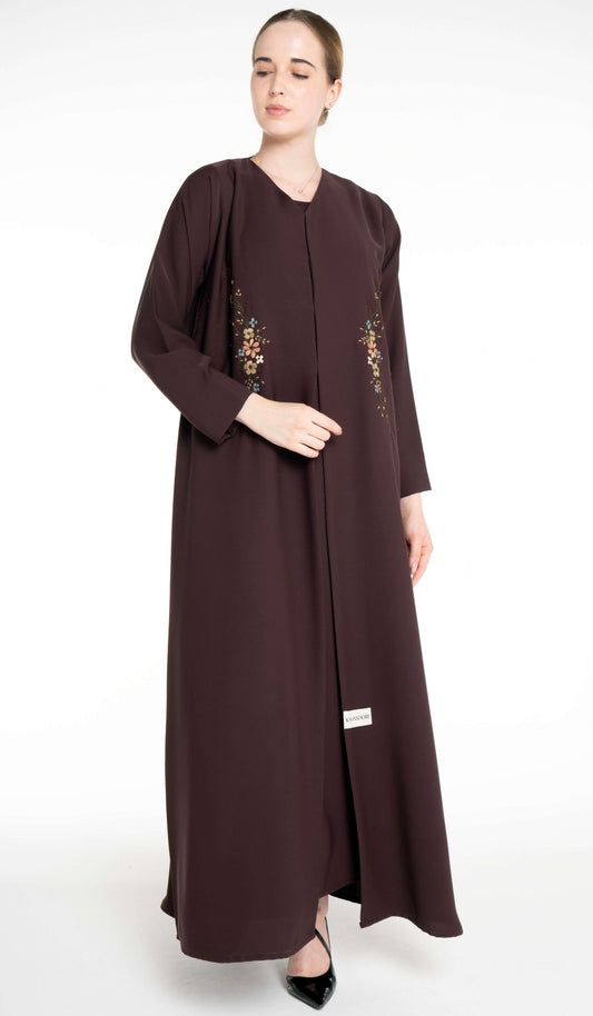 Beautiful Floral Hand Embroidery Design Brown Abaya