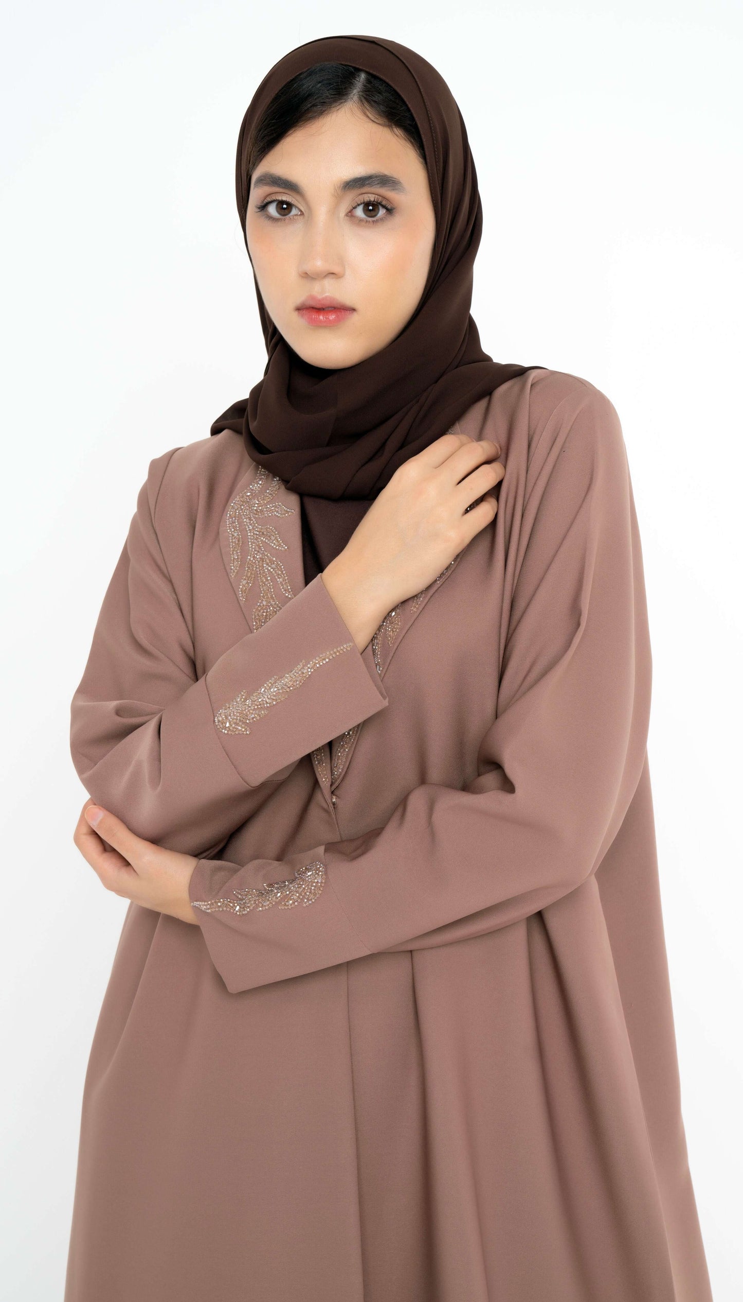 Light Brown Collar Abaya With Handwork Detailing On Sleeves And Collar