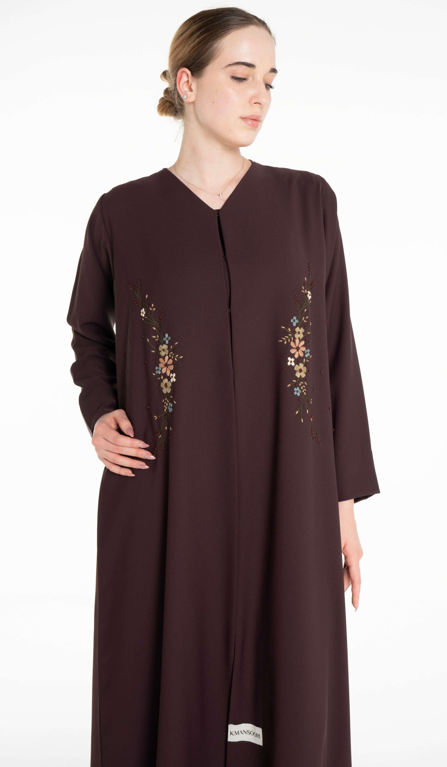 Beautiful Floral Hand Embroidery Design Brown Abaya