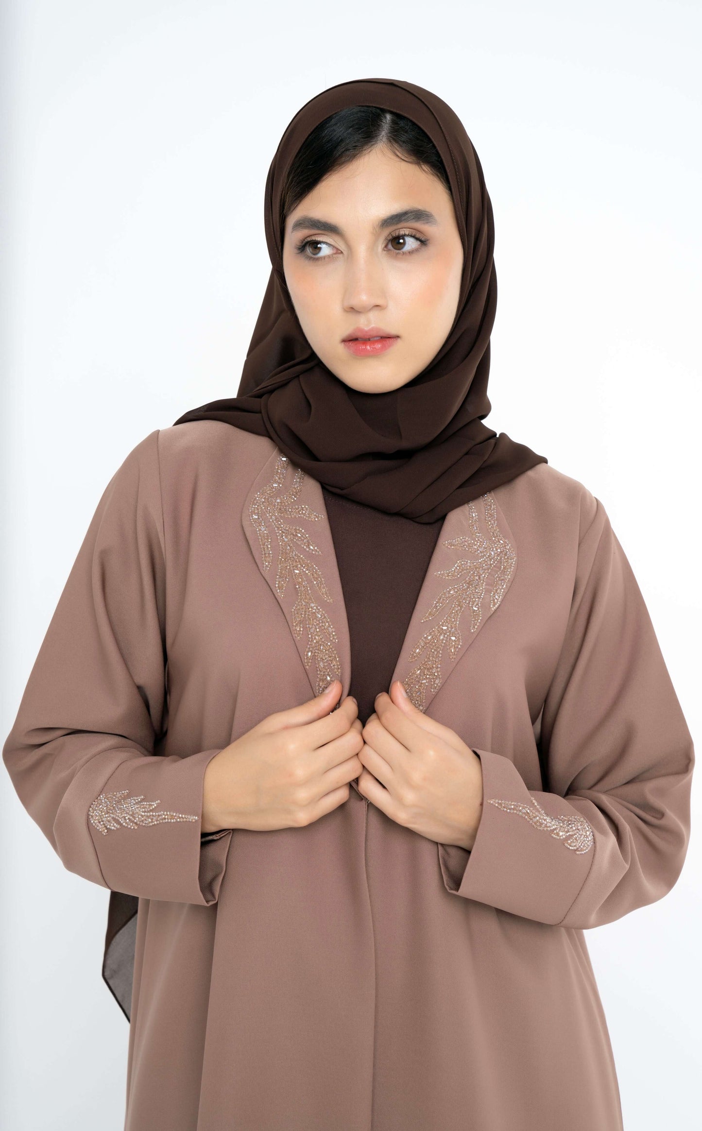 Collar Abaya With Light Brown Handwork Detailing On Sleeves And Collar
