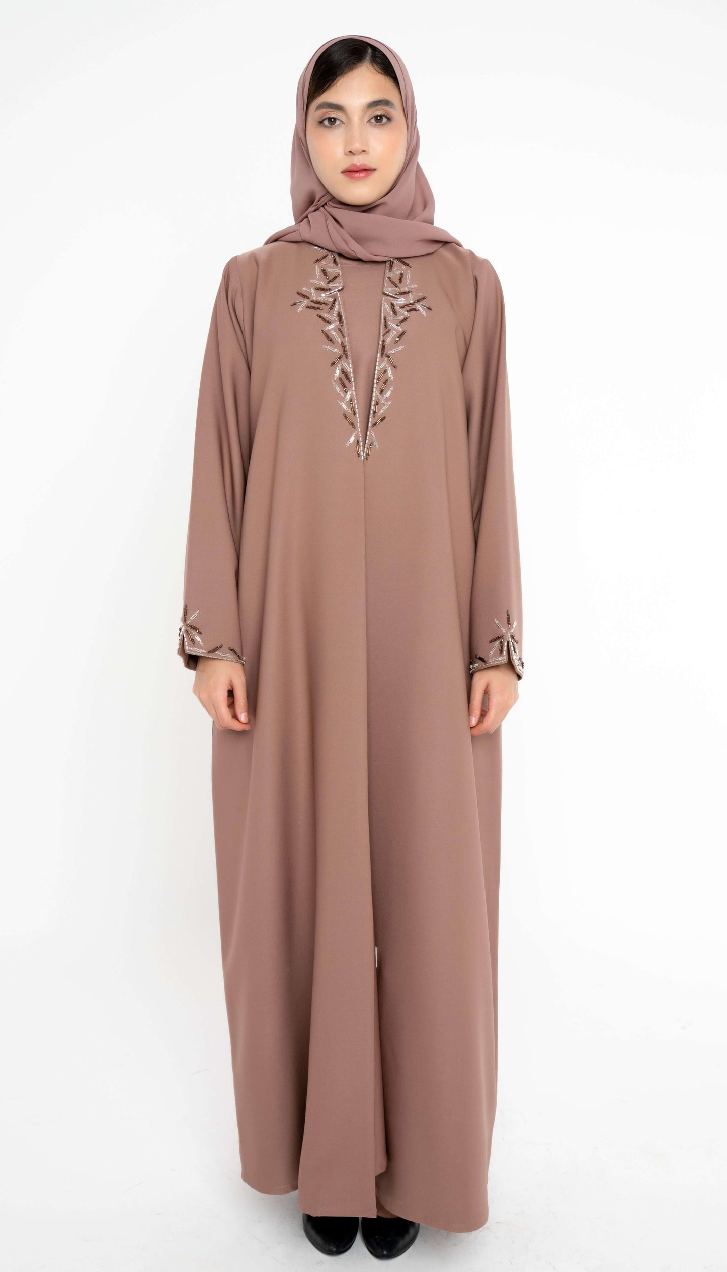 Light Brown Collared Style Abaya with Embellishments on Front and Sleeves