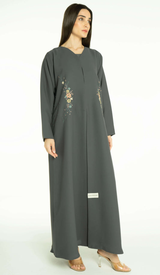 Beautiful Floral Hand Embroidery Design Grey Abaya