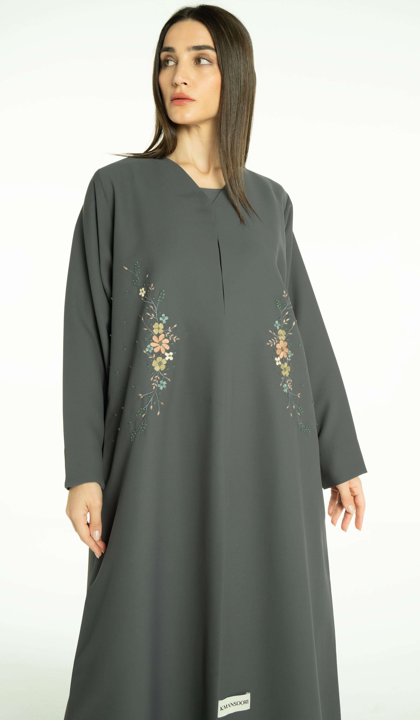 Beautiful Floral Hand Embroidery Design Grey Abaya
