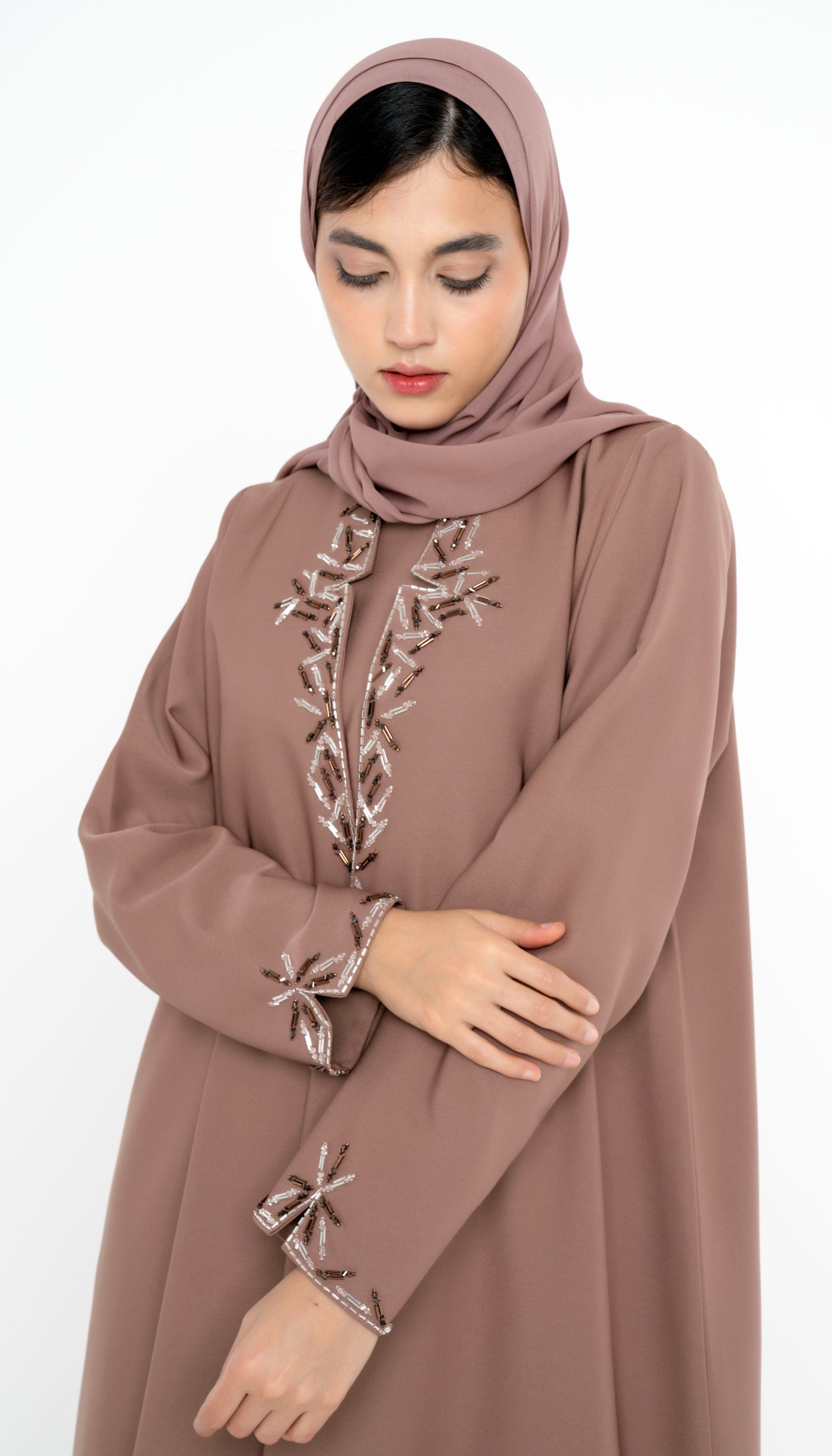 Light Brown Collared Style Abaya with Embellishments on Front and Sleeves