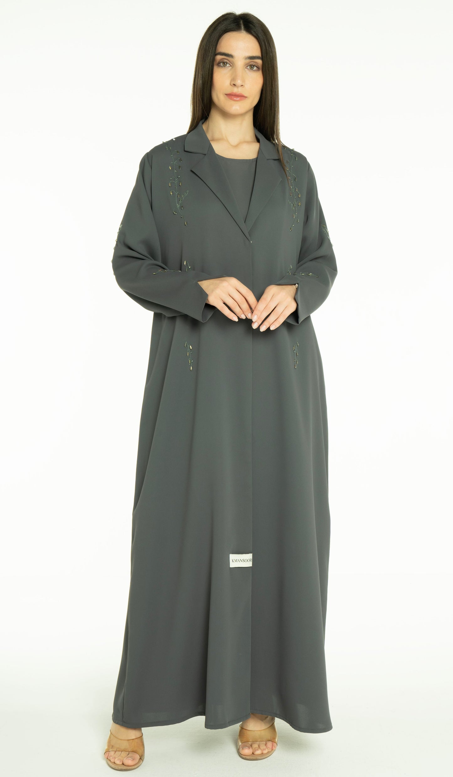 Stylish Collared Abaya With Bead Work Detailing