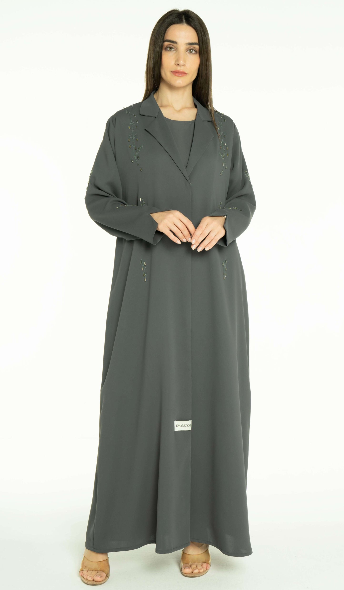 Stylish Collared Green Abaya With Bead Work Detailing