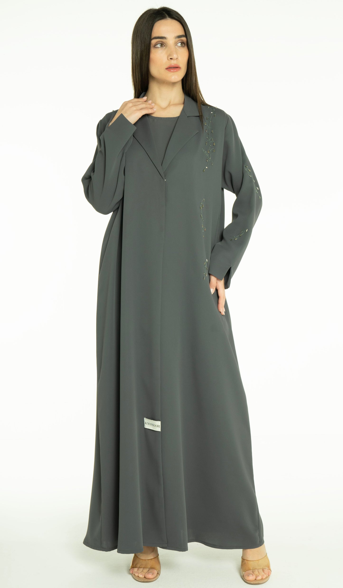 Stylish Collared Abaya With Bead Work Detailing