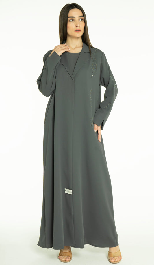 Stylish Collared Abaya With Bead Work Detailing
