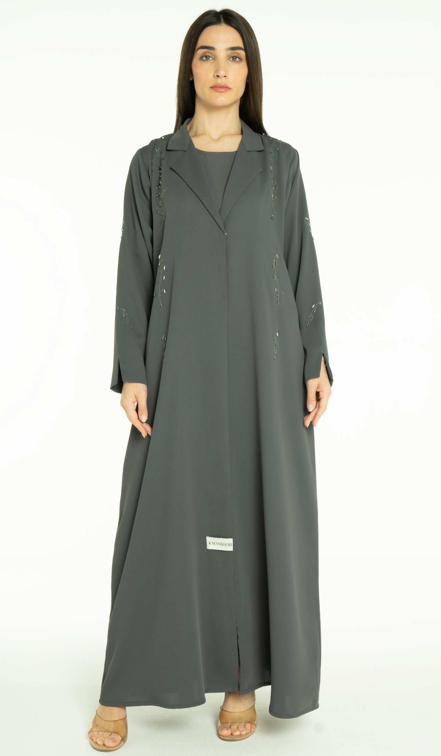 Stylish Collared Abaya With Bead Work Detailing
