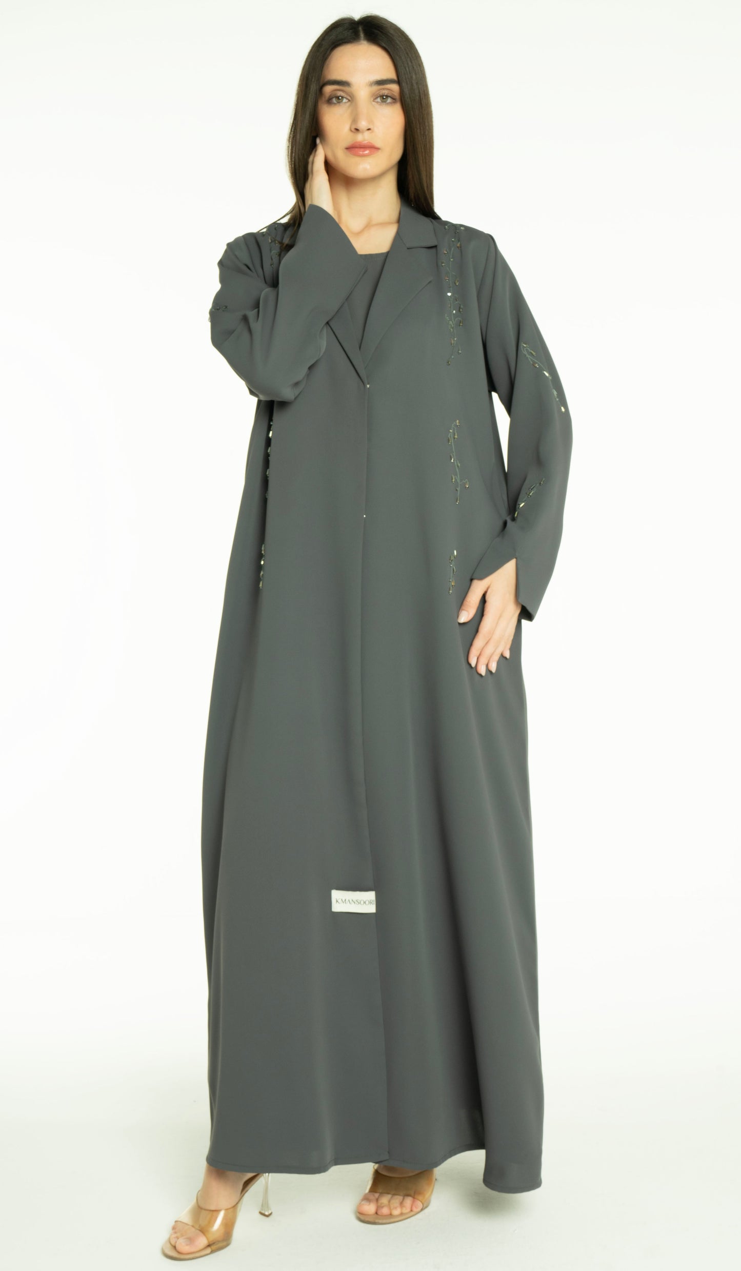 Stylish Collared Abaya With Bead Work Detailing