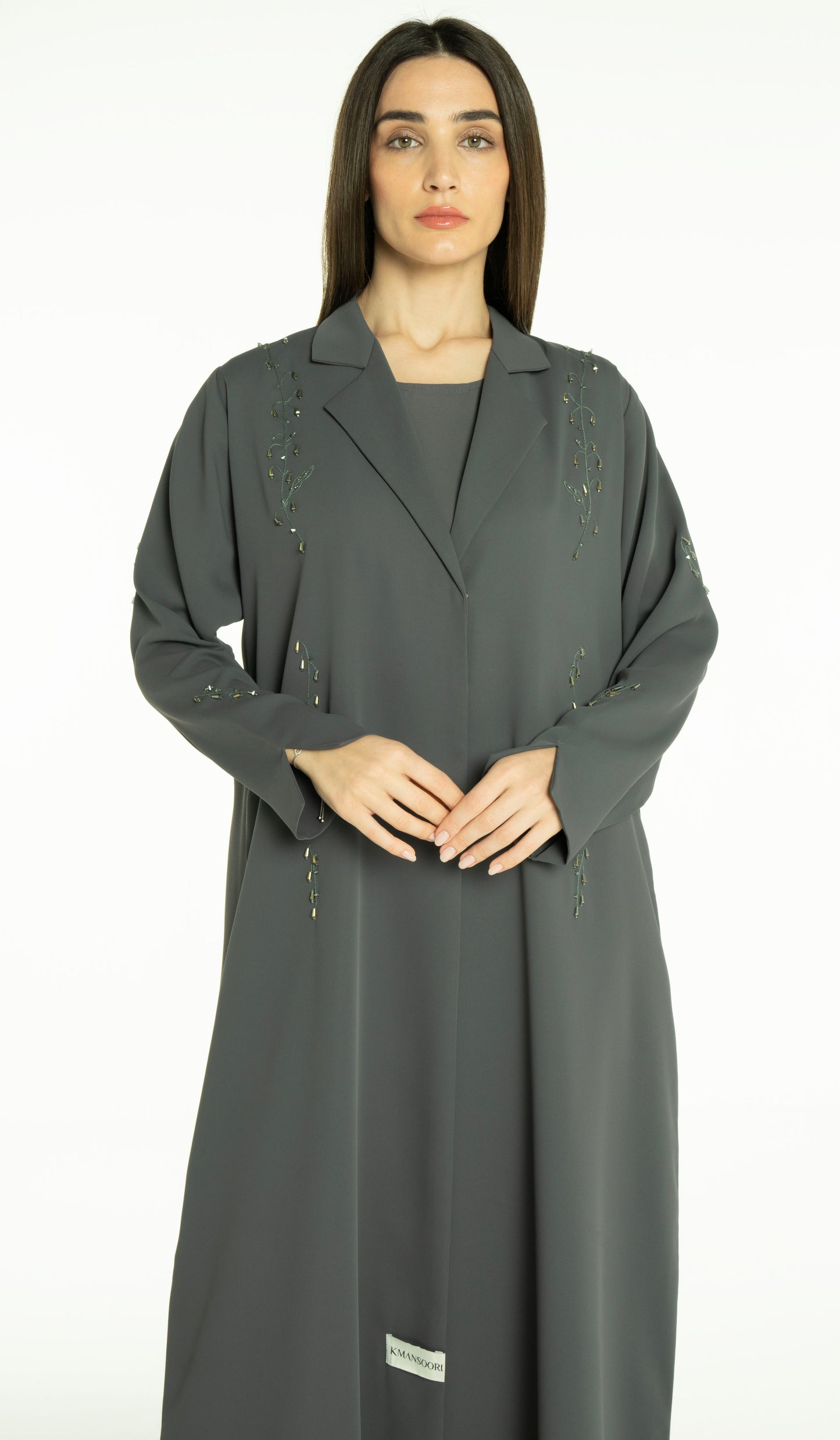 Stylish Collared Abaya With Bead Work Detailing