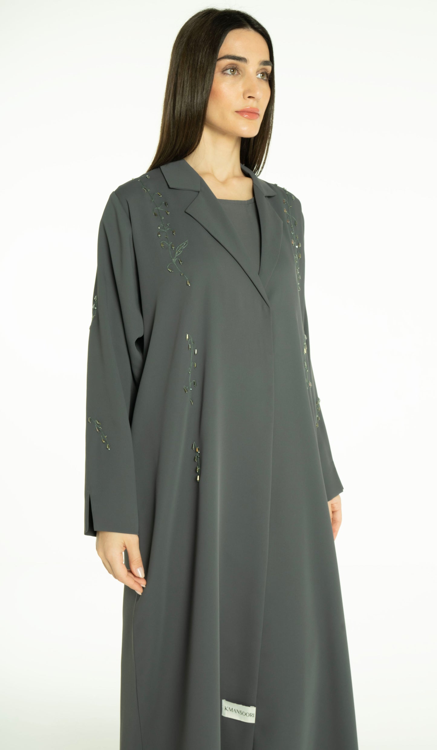 Stylish Collared Abaya With Bead Work Detailing