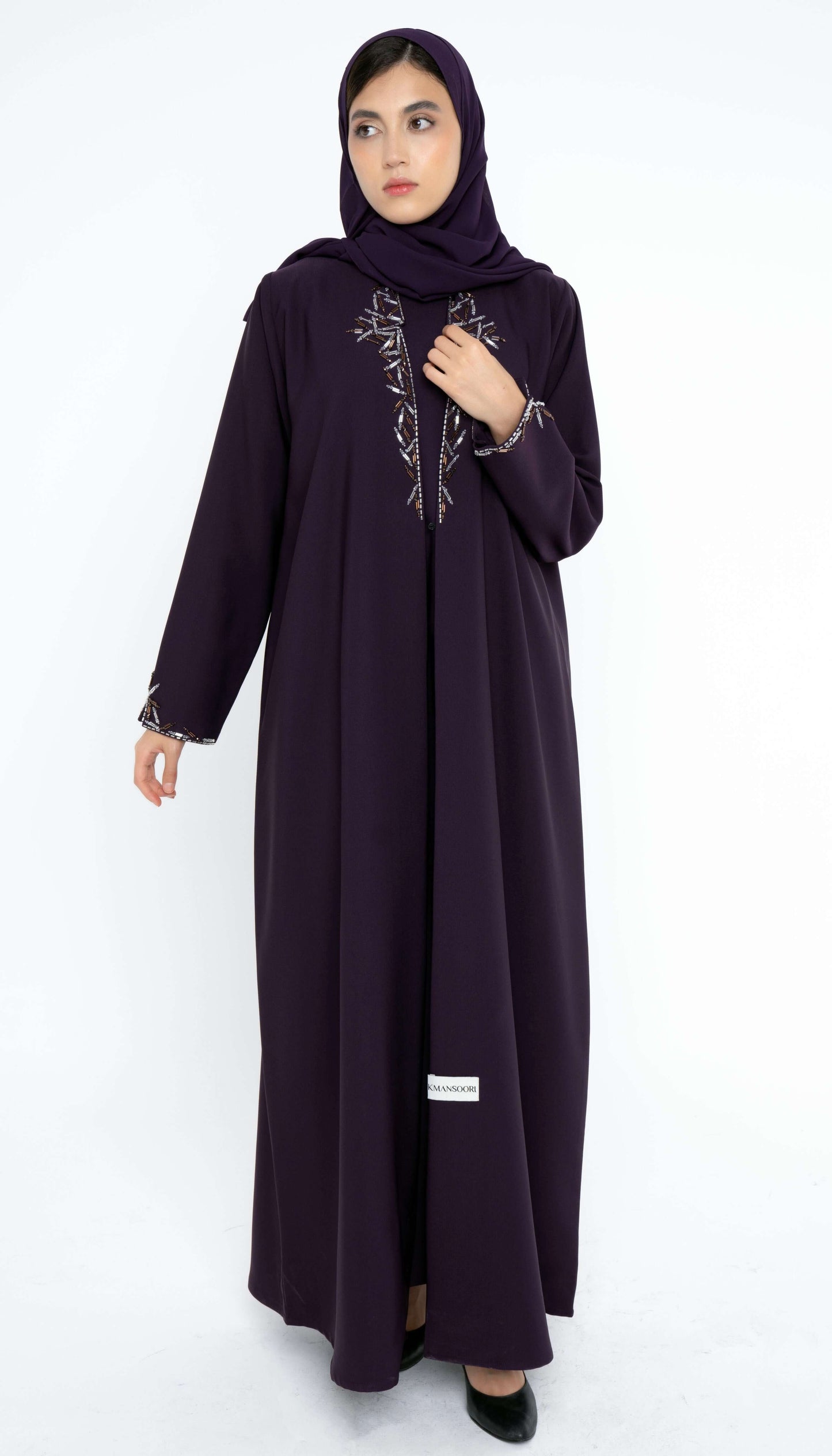 Purple Collared Style Abaya with Embellishments on Front and Sleeves