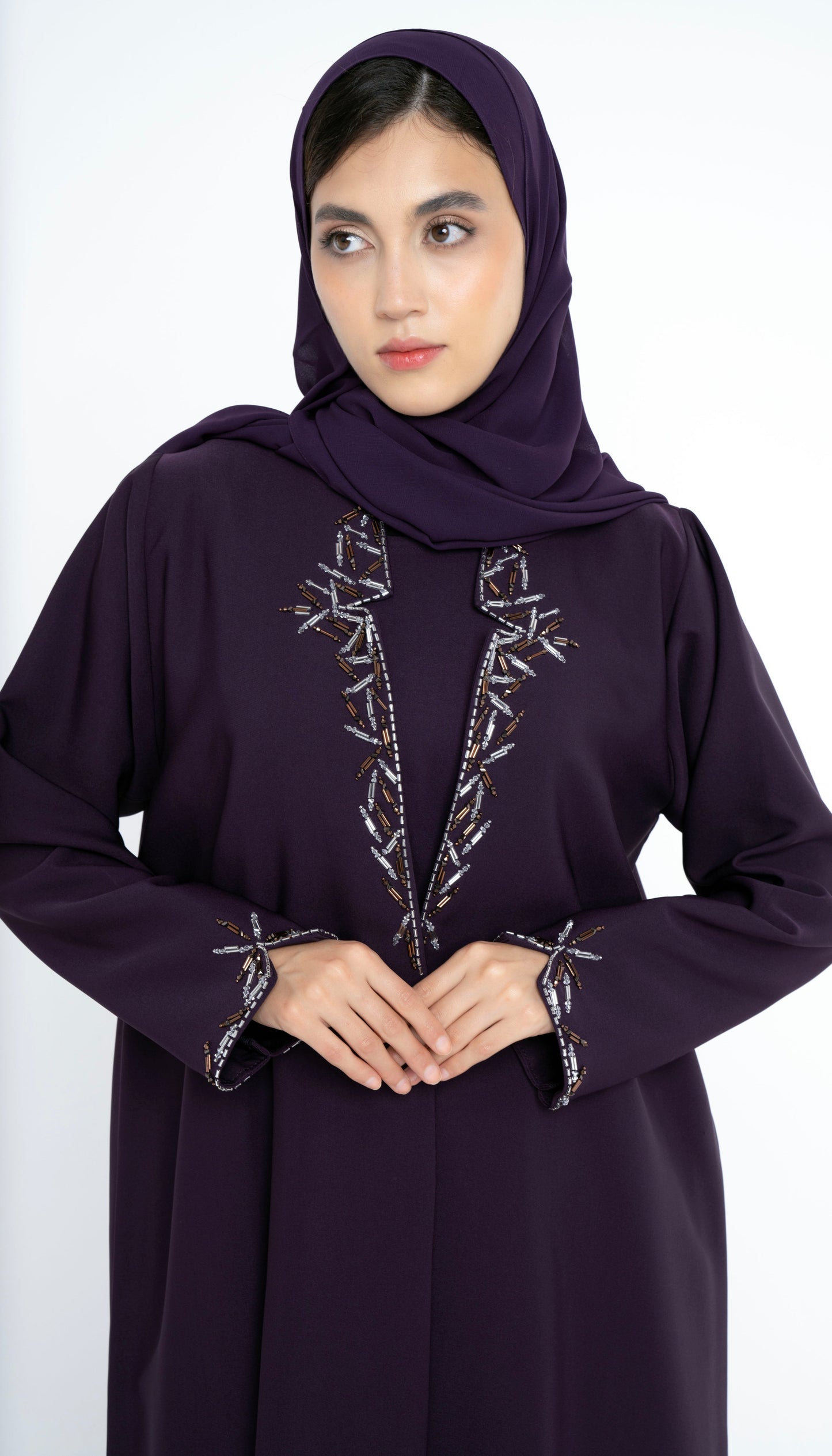Purple Collared Style Abaya with Embellishments on Front and Sleeves