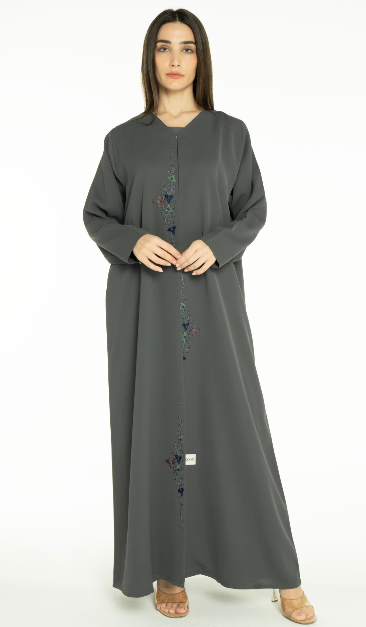 Abaya With Floral Thread & Bead Embroidery On Front Line