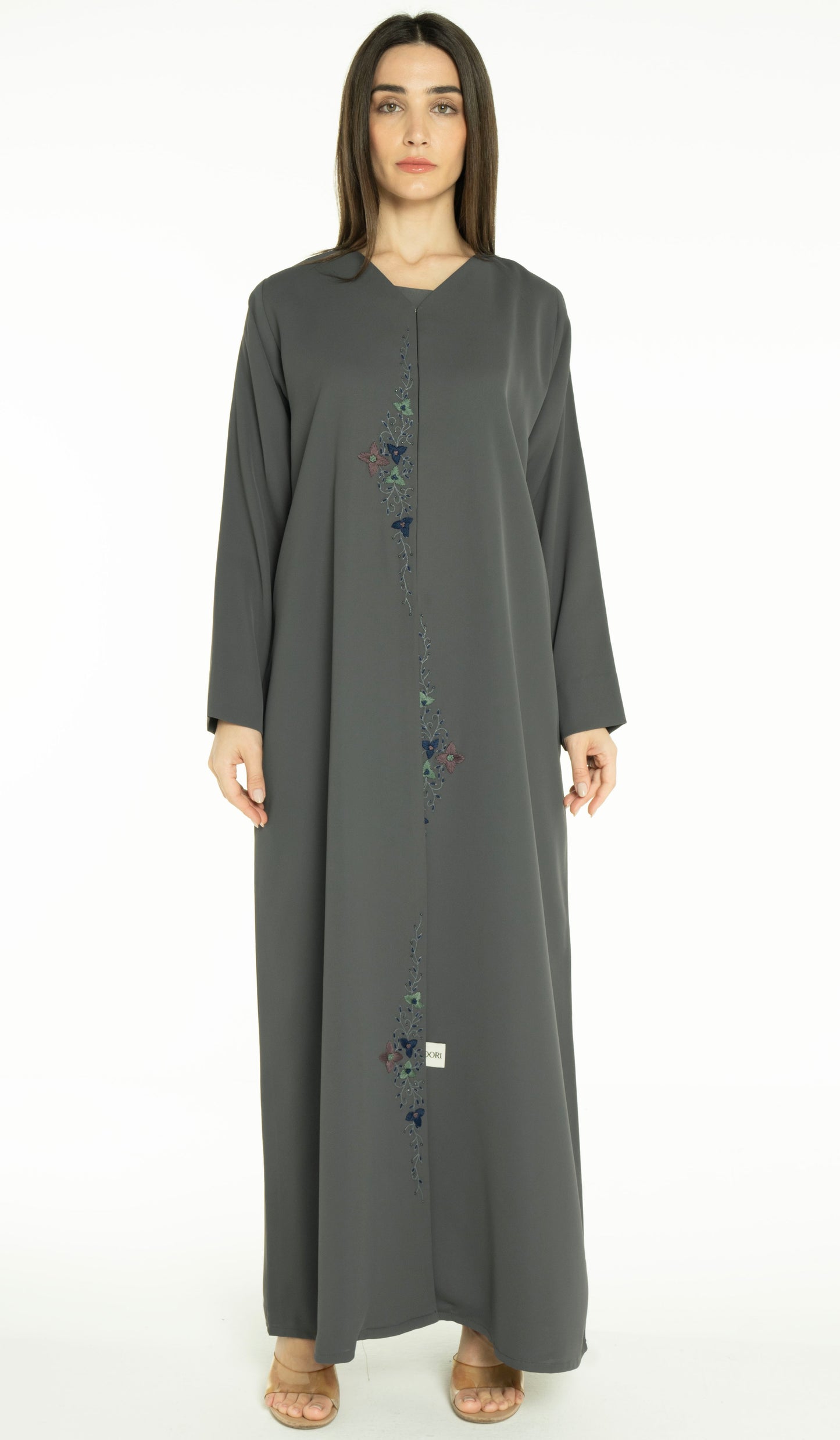 Abaya With Floral Thread & Bead Embroidery On Front Line
