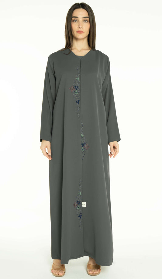 Grey Abaya With Floral Thread & Bead Embroidery On Front Line