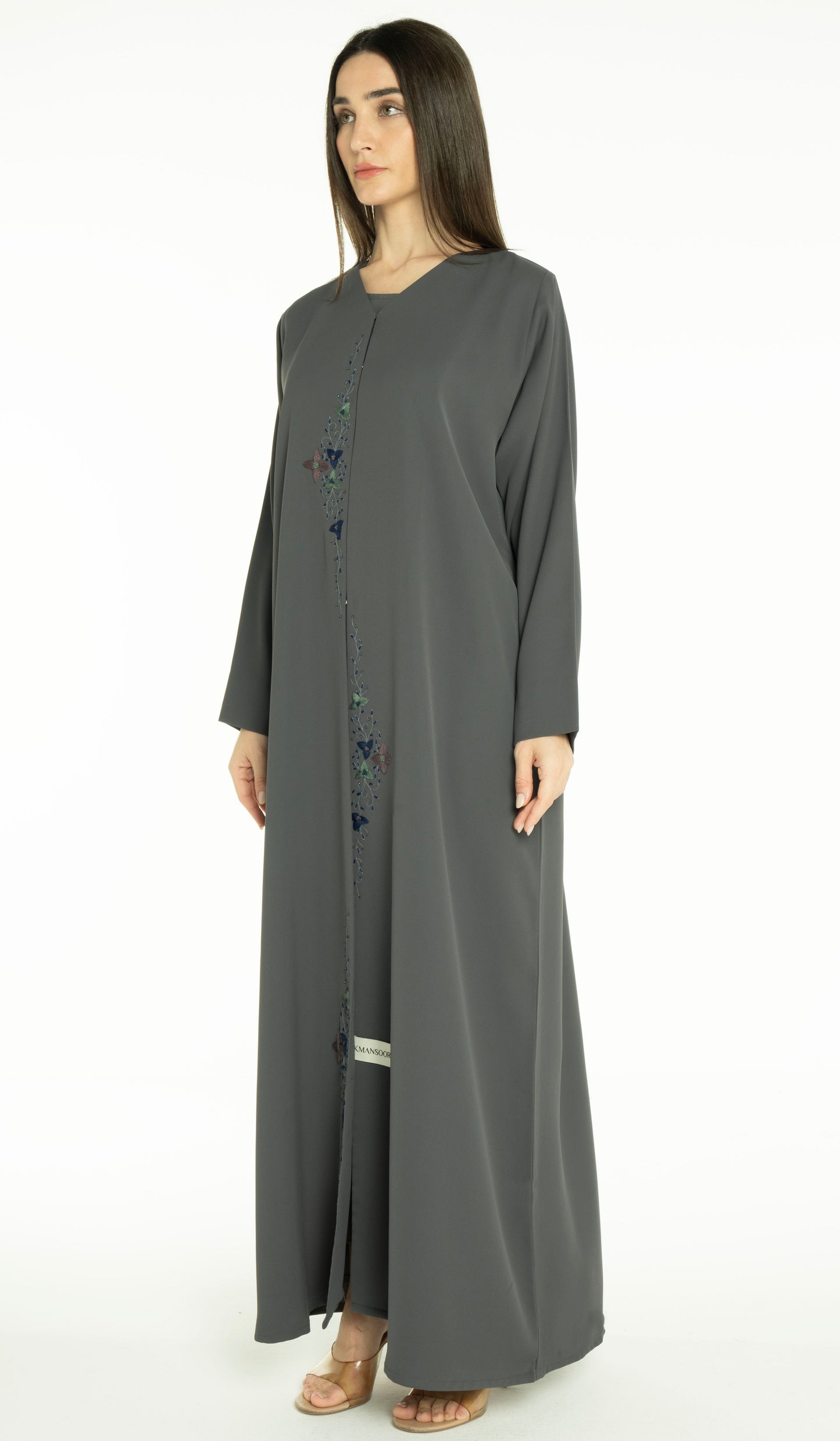 Abaya With Floral Thread & Bead Embroidery On Front Line