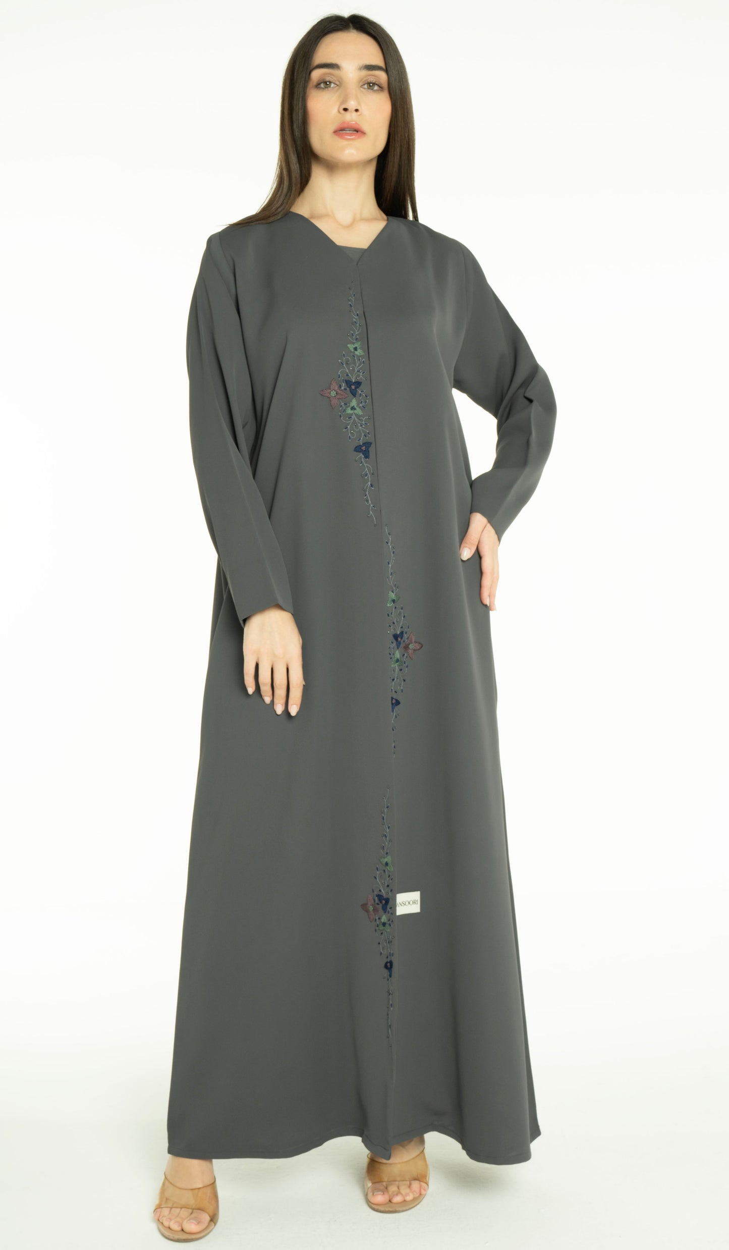 Abaya With Floral Thread & Bead Embroidery On Front Line