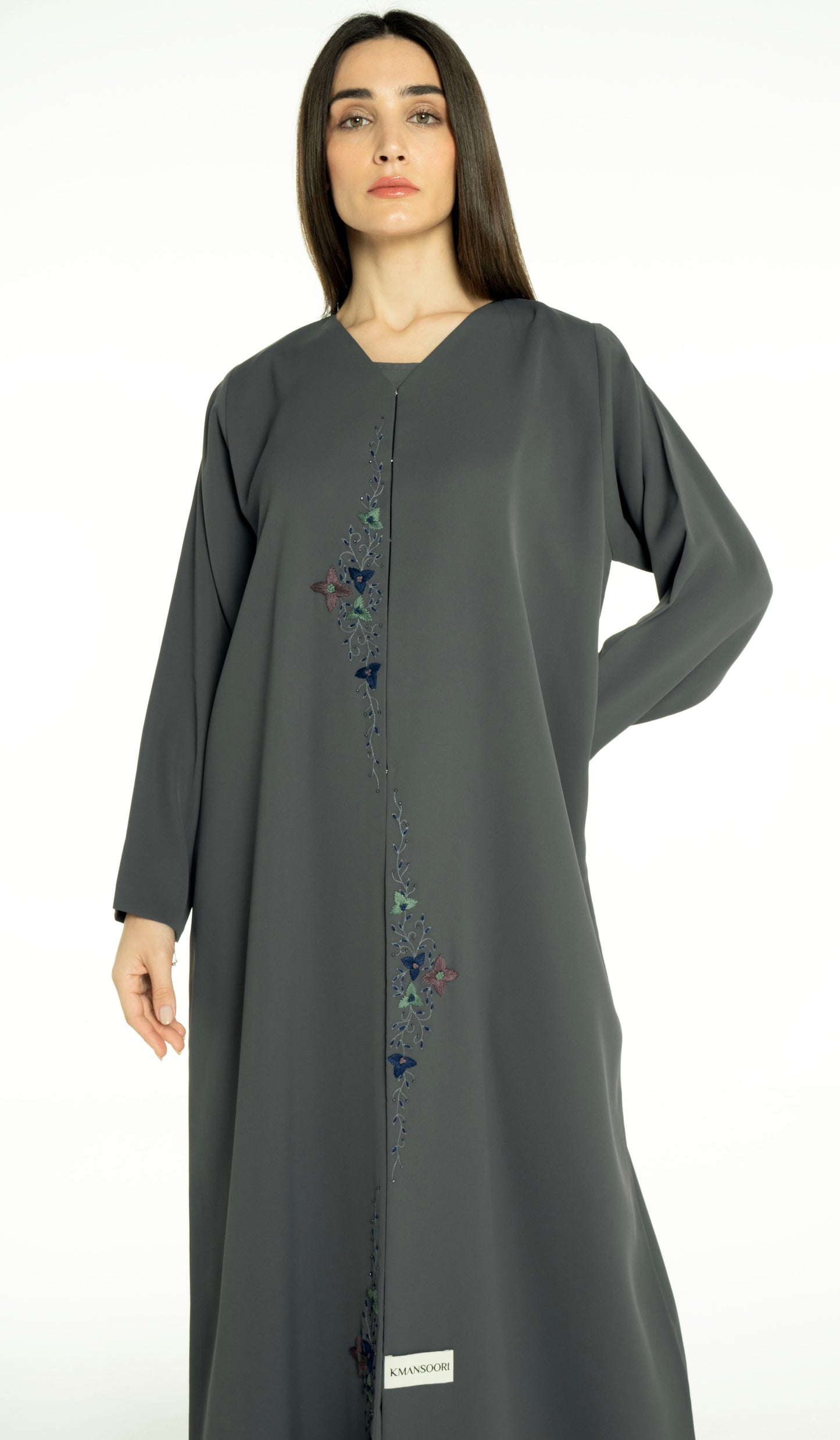 Abaya With Floral Thread & Bead Embroidery On Front Line