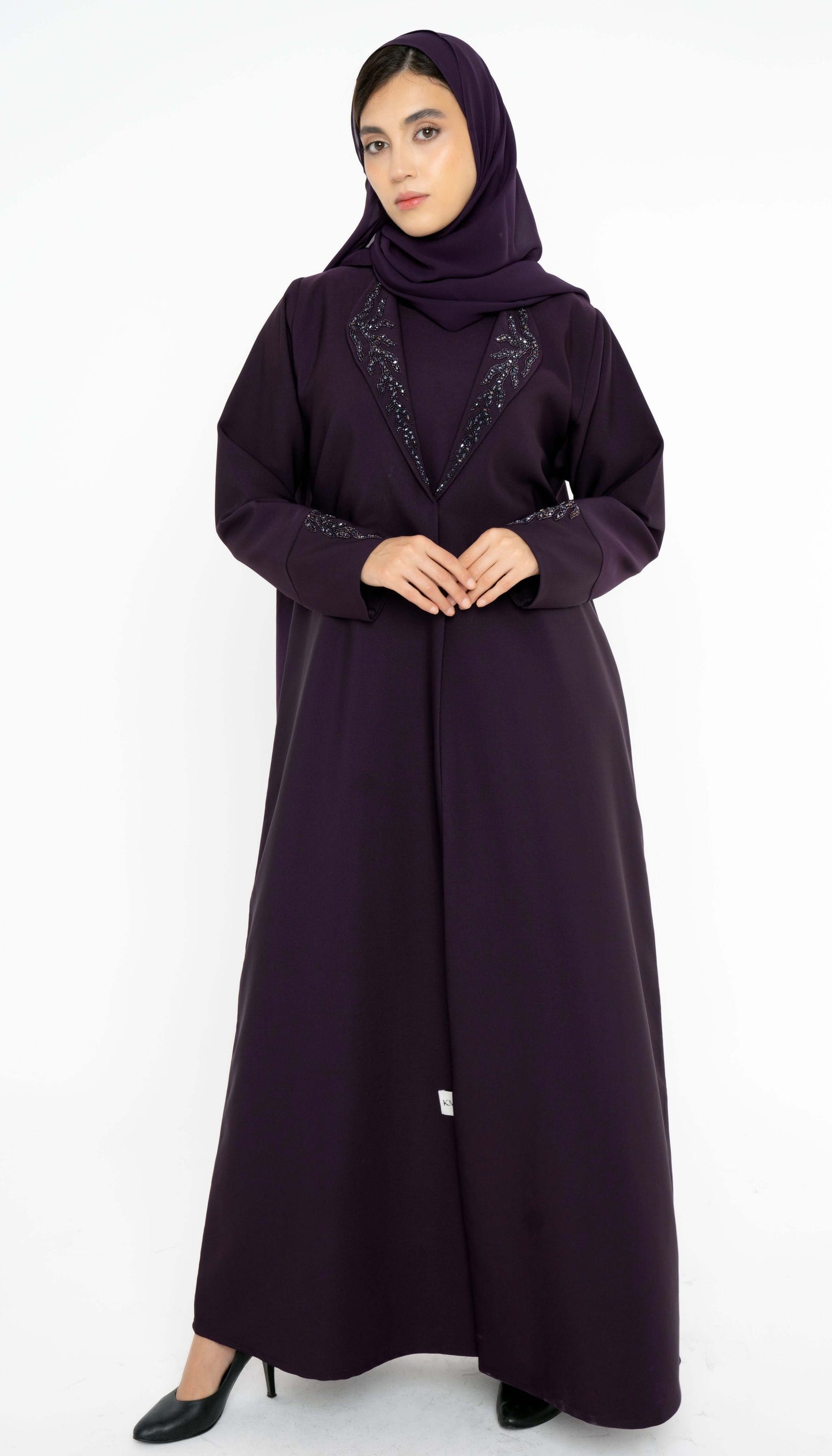 Purple Collar Abaya With Handwork Detailing On Sleeves And Collar