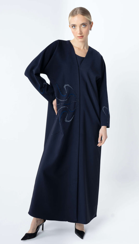 Blue Bisht Abaya With Elegant Beaded Embellishment On One Side And Sleeves