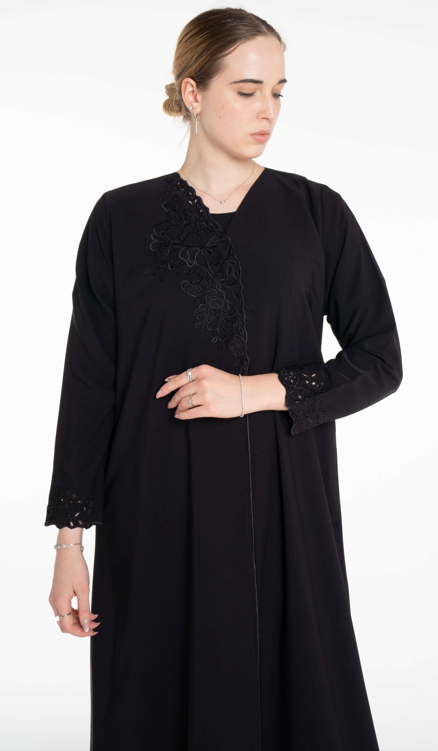 Floral Cutwork Abaya With Simple Bead Highlights