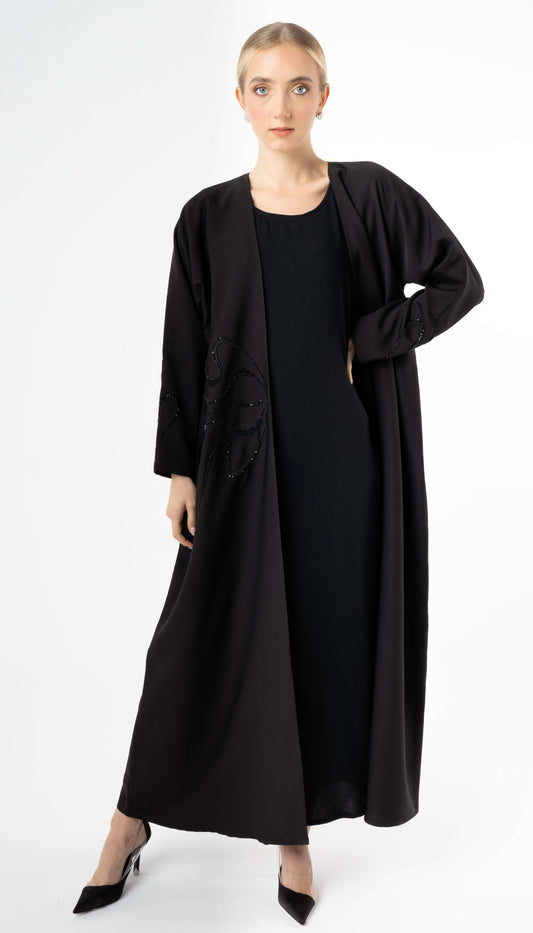Black Bisht Abaya With Elegant Beaded Embellishment On One Side And Sleeves