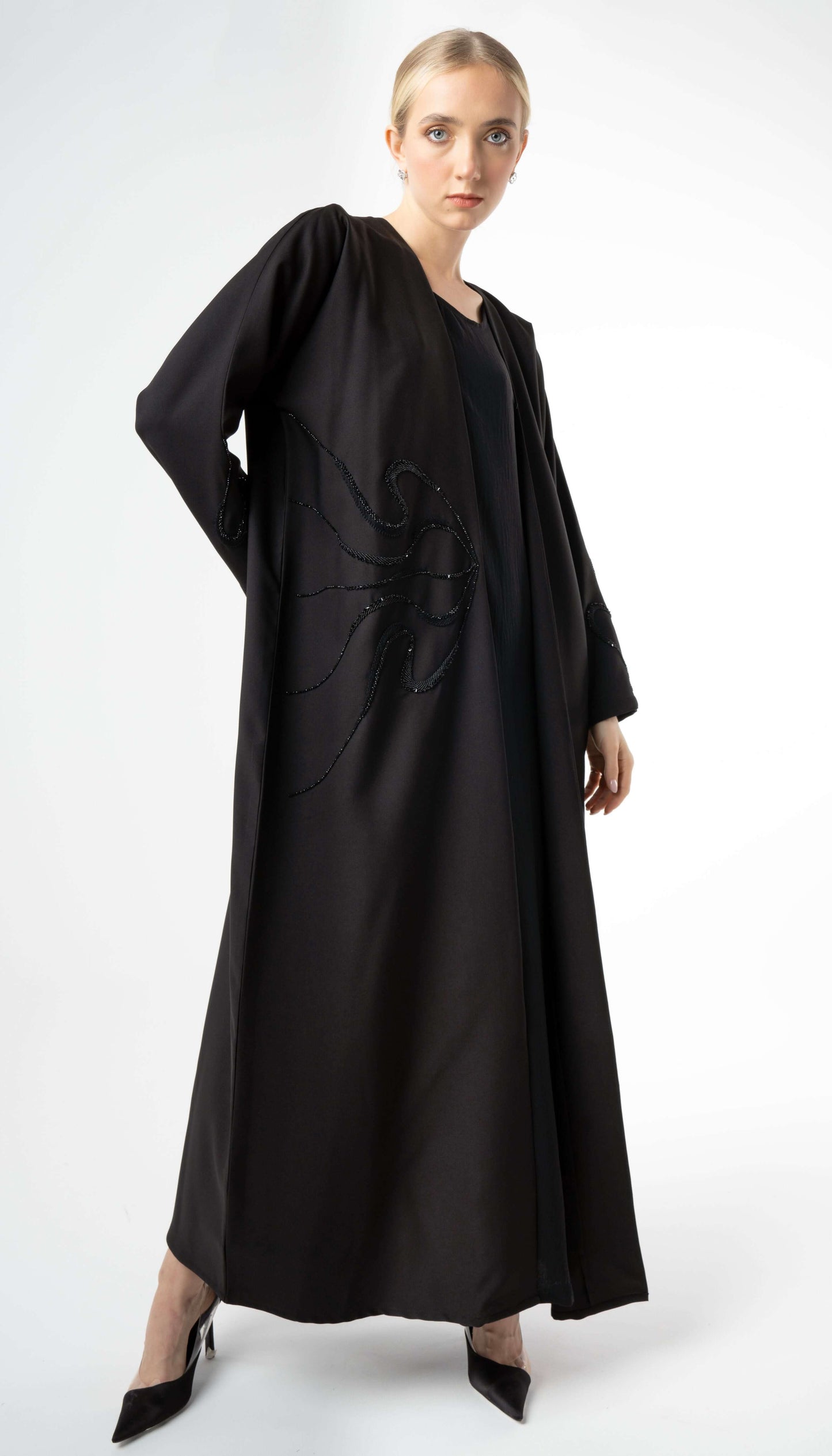 Black Bisht Abaya With Elegant Beaded Embellishment On One Side And Sleeves