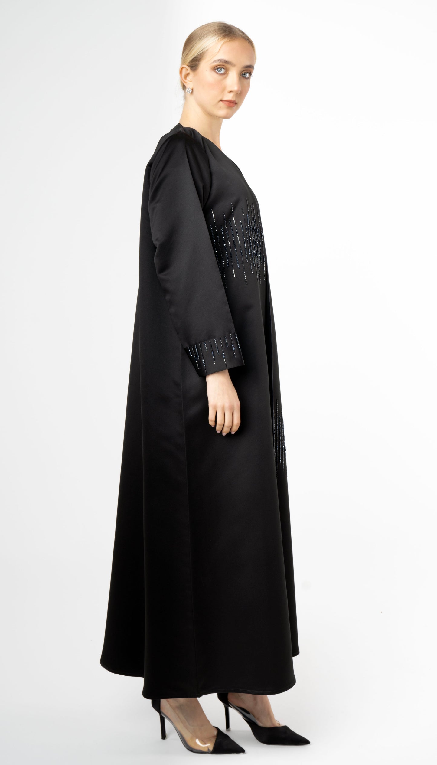 V-Neck Abaya With Bead Lines On Front And Sleeves