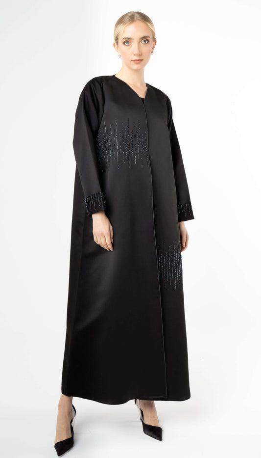 Black V-Neck Abaya With Bead Lines On Front And Sleeves
