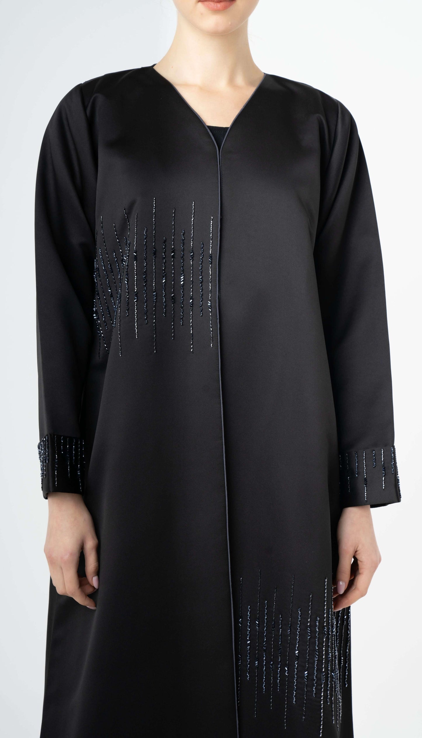 V-Neck Abaya With Bead Lines On Front And Sleeves