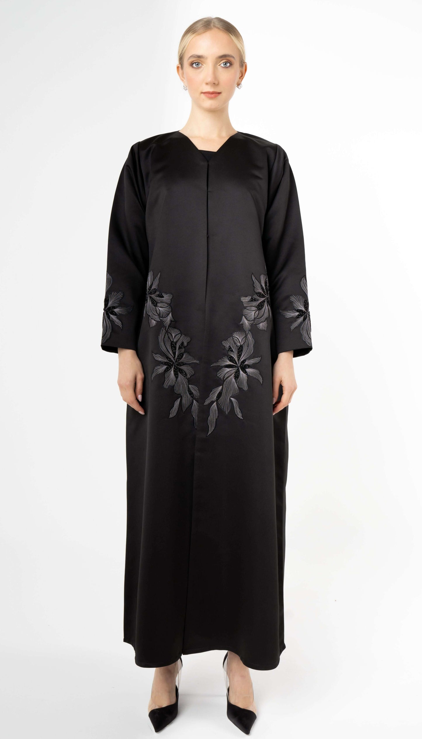 Black Abaya With Elegant Embroidery On Front And Sleeves