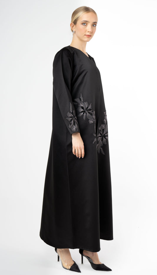 Black Abaya With Elegant Embroidery On Front And Sleeves
