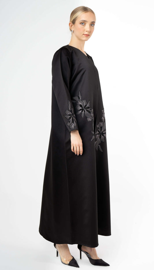 Black Abaya With Elegant Embroidery On Front And Sleeves