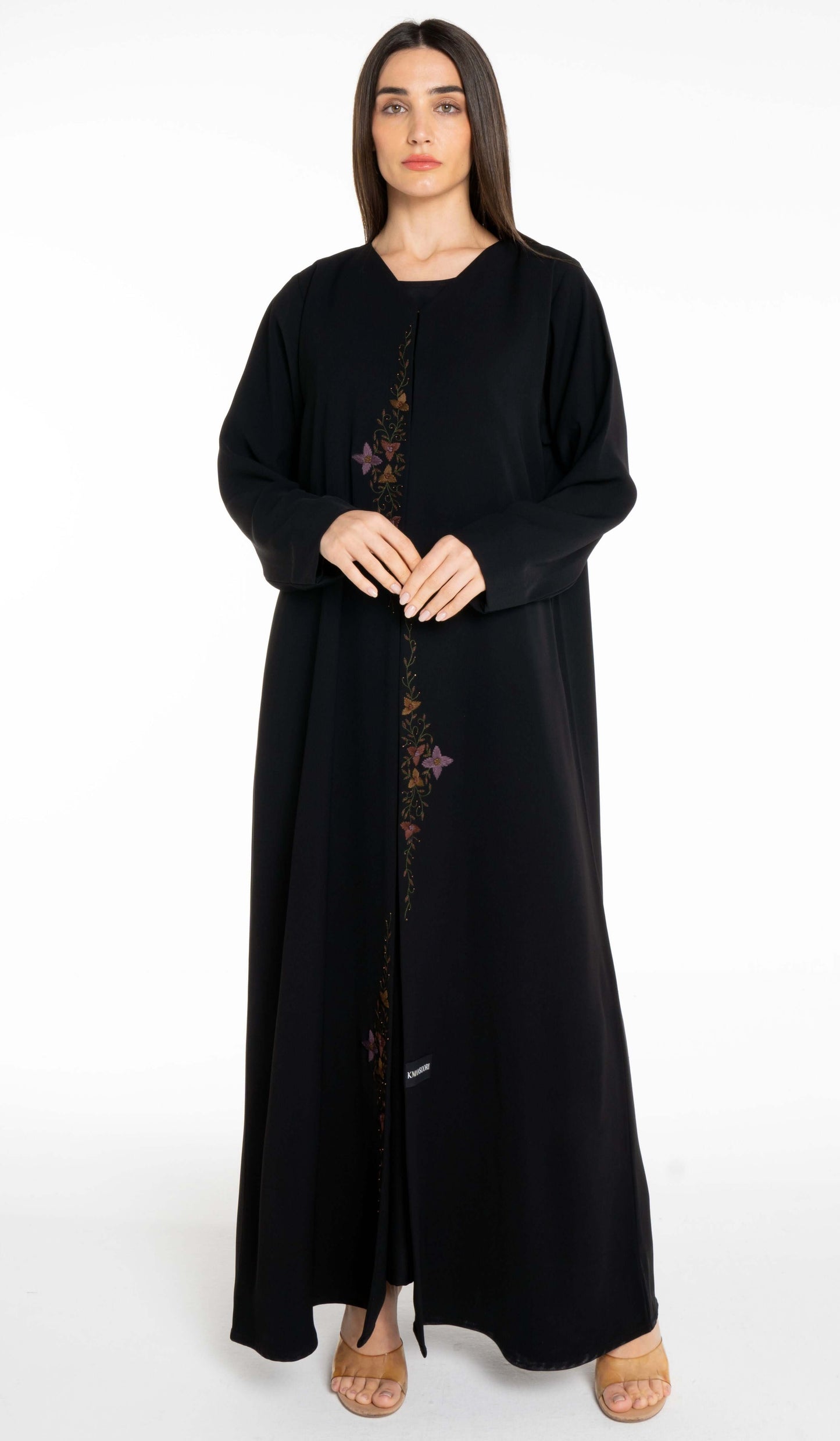 Abaya With Floral Thread & Bead Embroidery On Front Line
