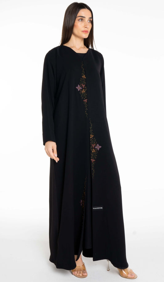 Abaya With Floral Thread & Bead Embroidery On Front Line