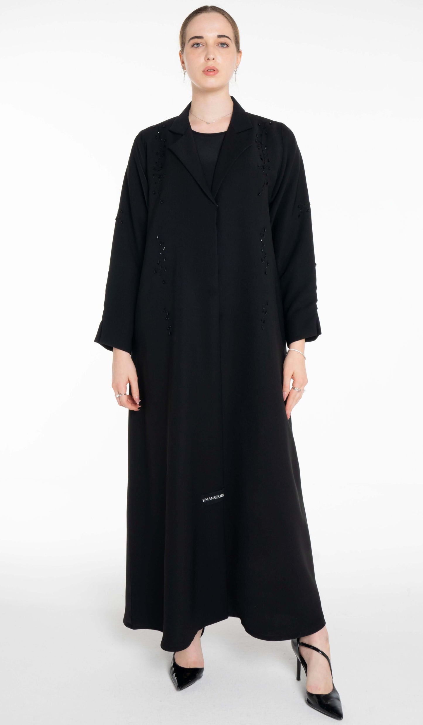 Stylish Collared Abaya With Bead Work Detailing