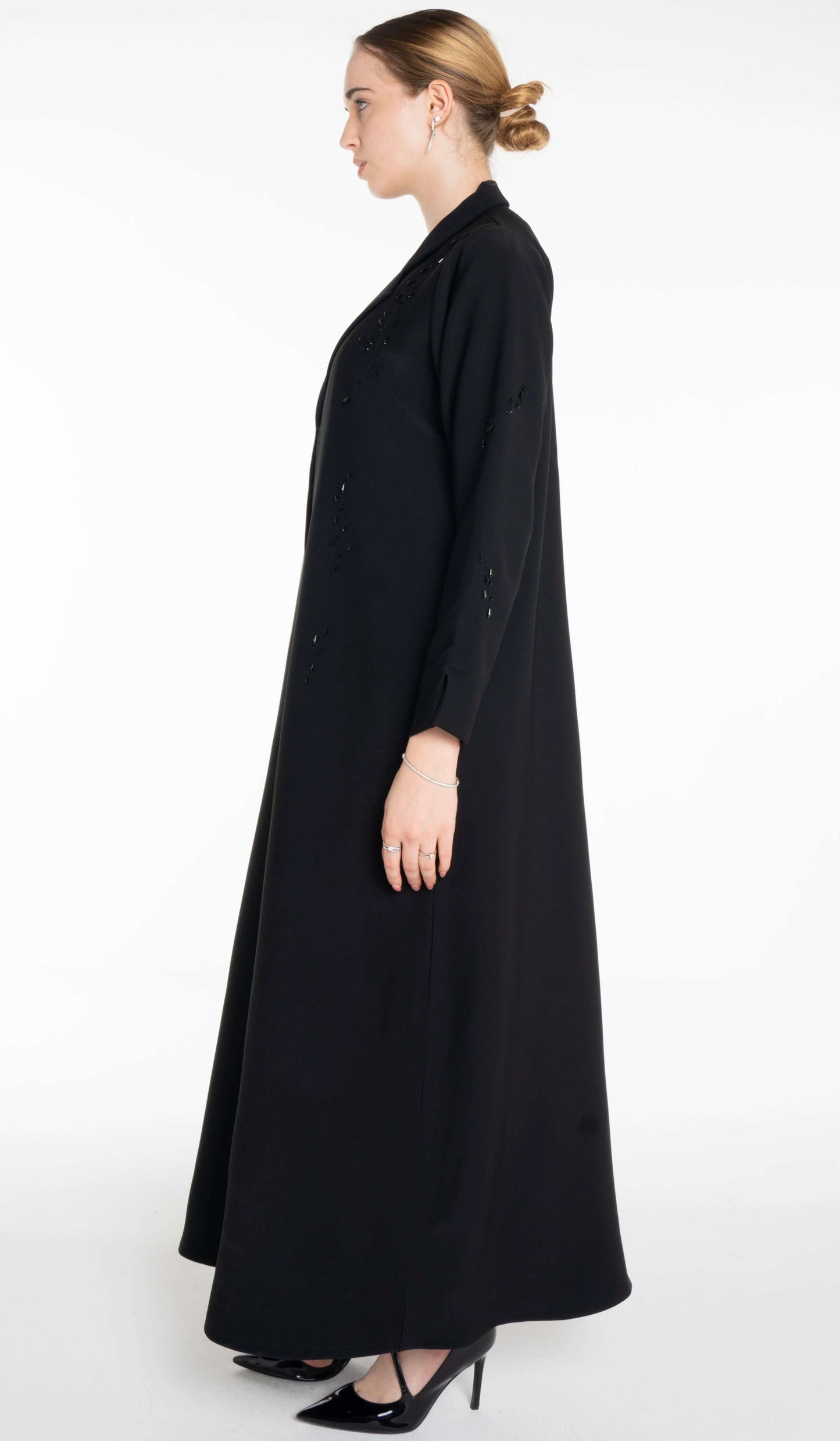 Stylish Collared Abaya With Bead Work Detailing